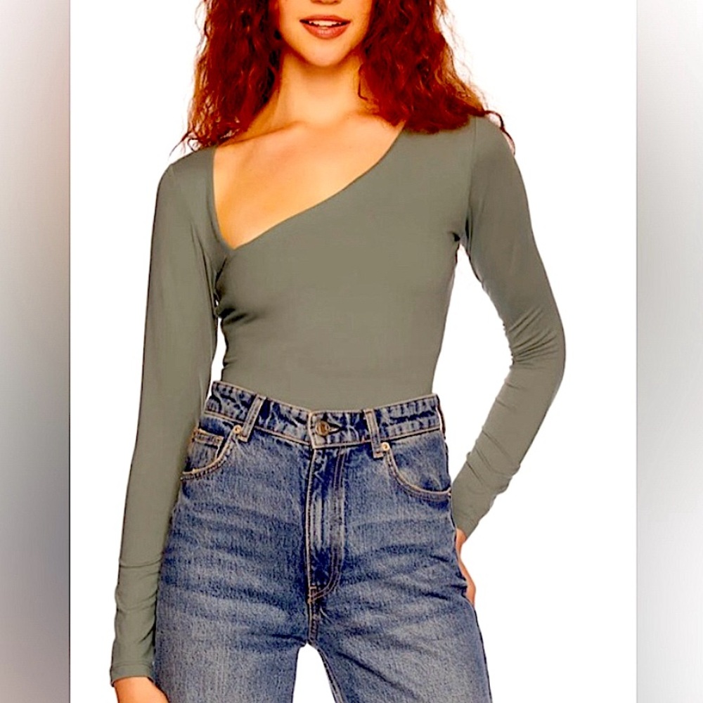 Susana Monaco Diagonal Neck Long Sleeve Top Slate Green Small NWT